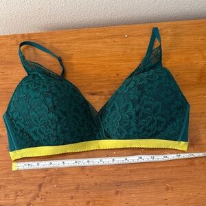 Fleur du mal XL Lace Wireless Bralette in Teal with Lime/Yellow Band